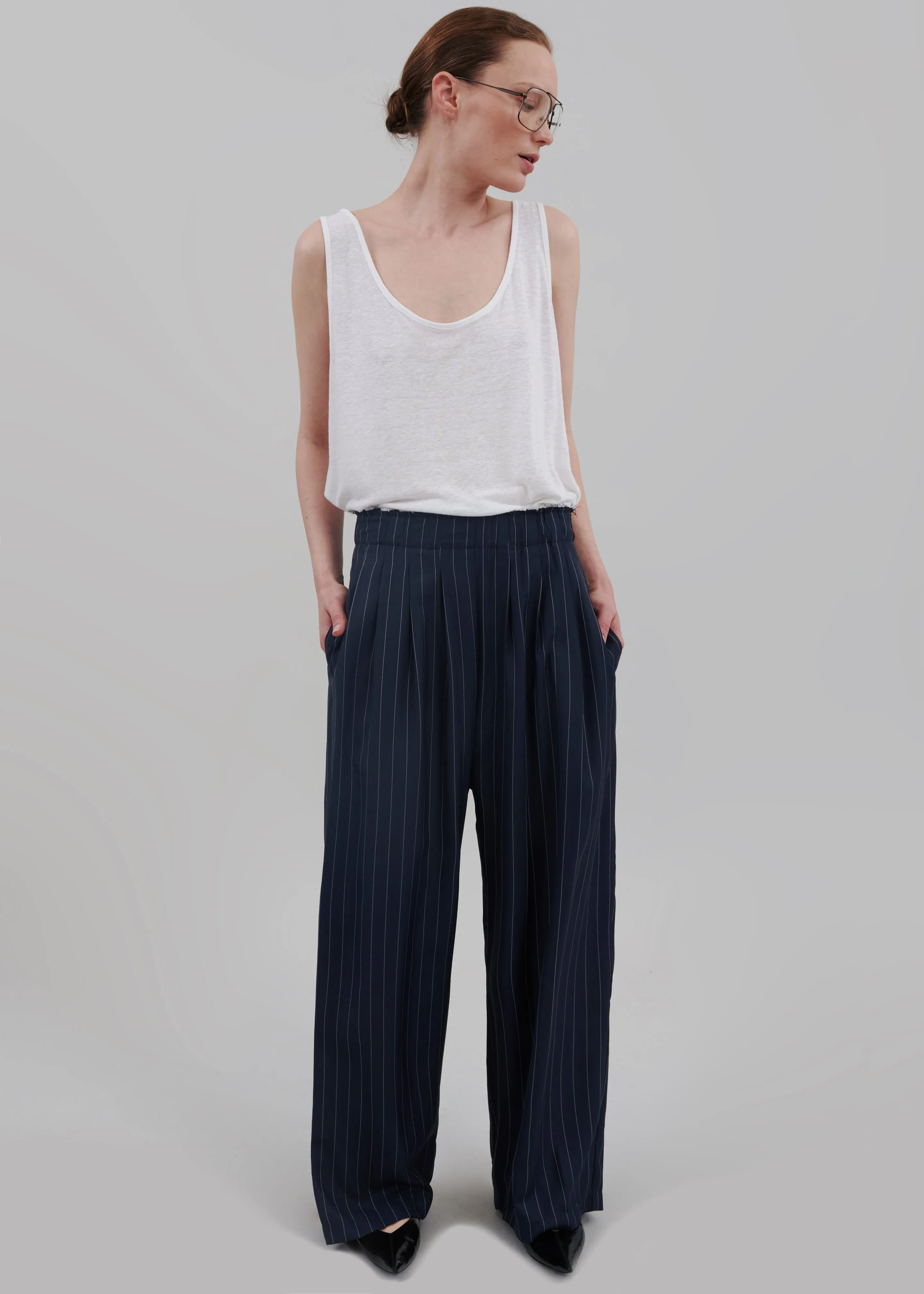 Caden Boxer Trousers - Navy/White Pinstripe sold by Frankie Shop