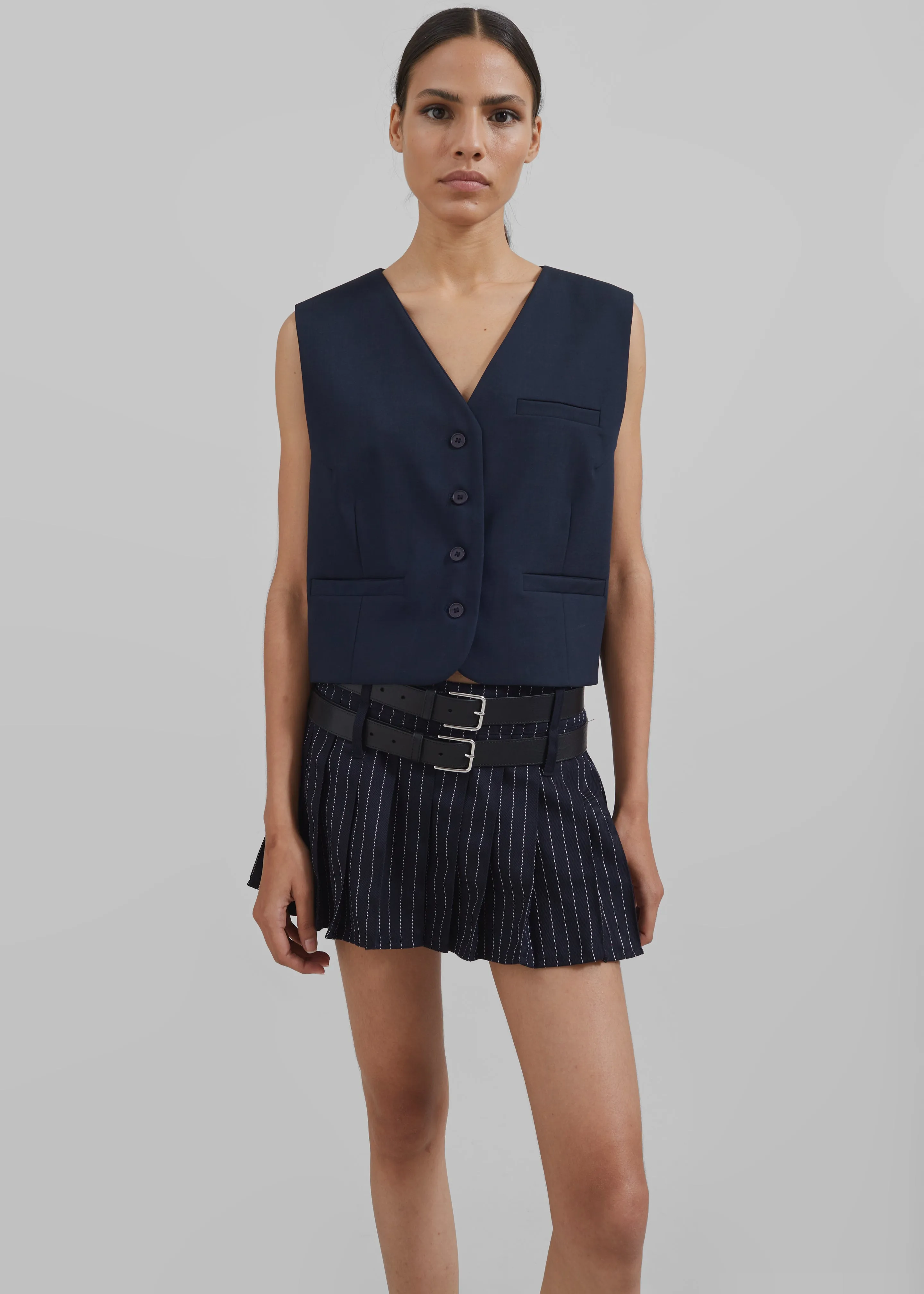 Blake Pleated Twill Mini Skirt - Navy/White Pinstripe sold by Frankie Shop product image thumbnail 3