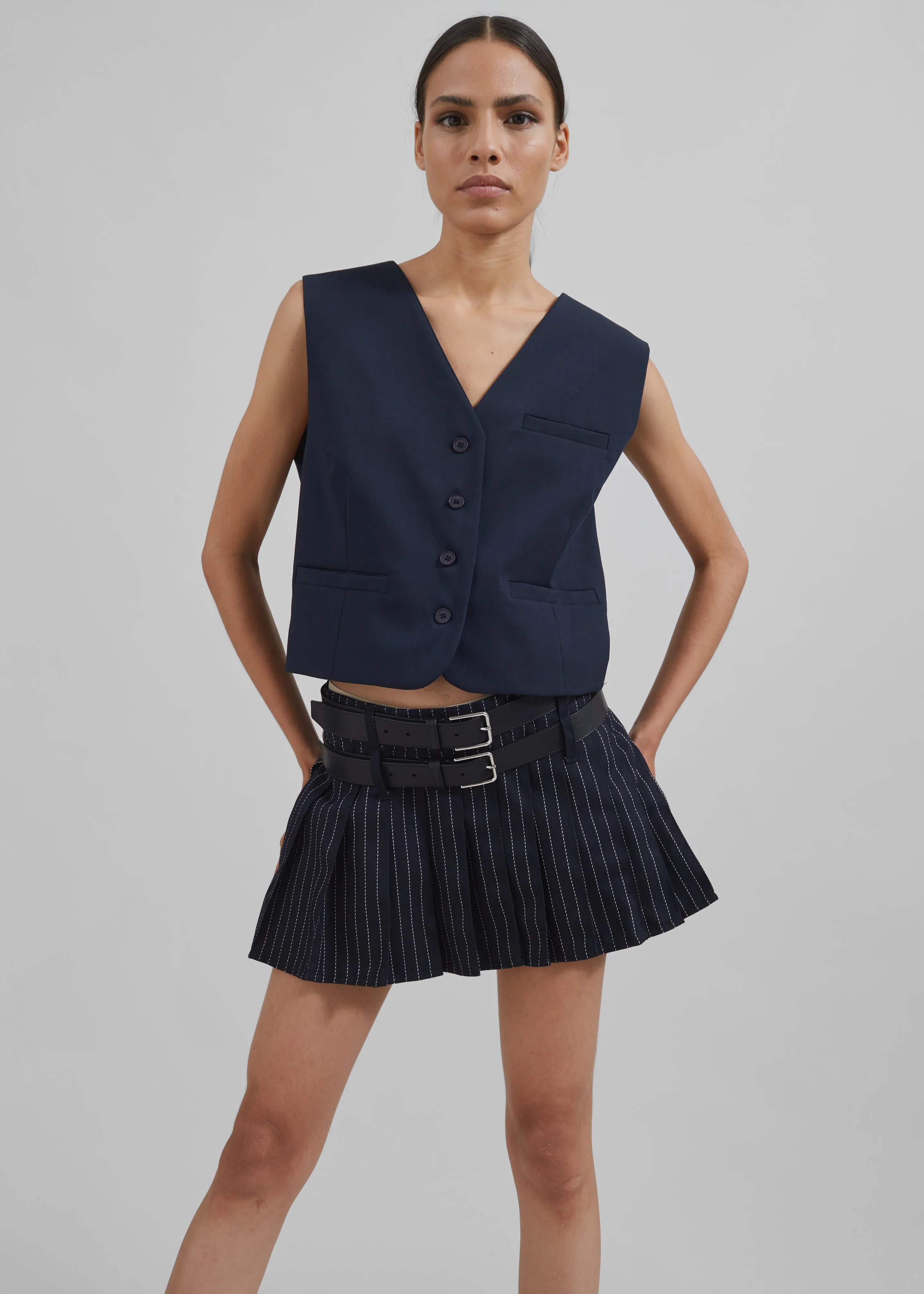 Blake Pleated Twill Mini Skirt - Navy/White Pinstripe sold by Frankie Shop