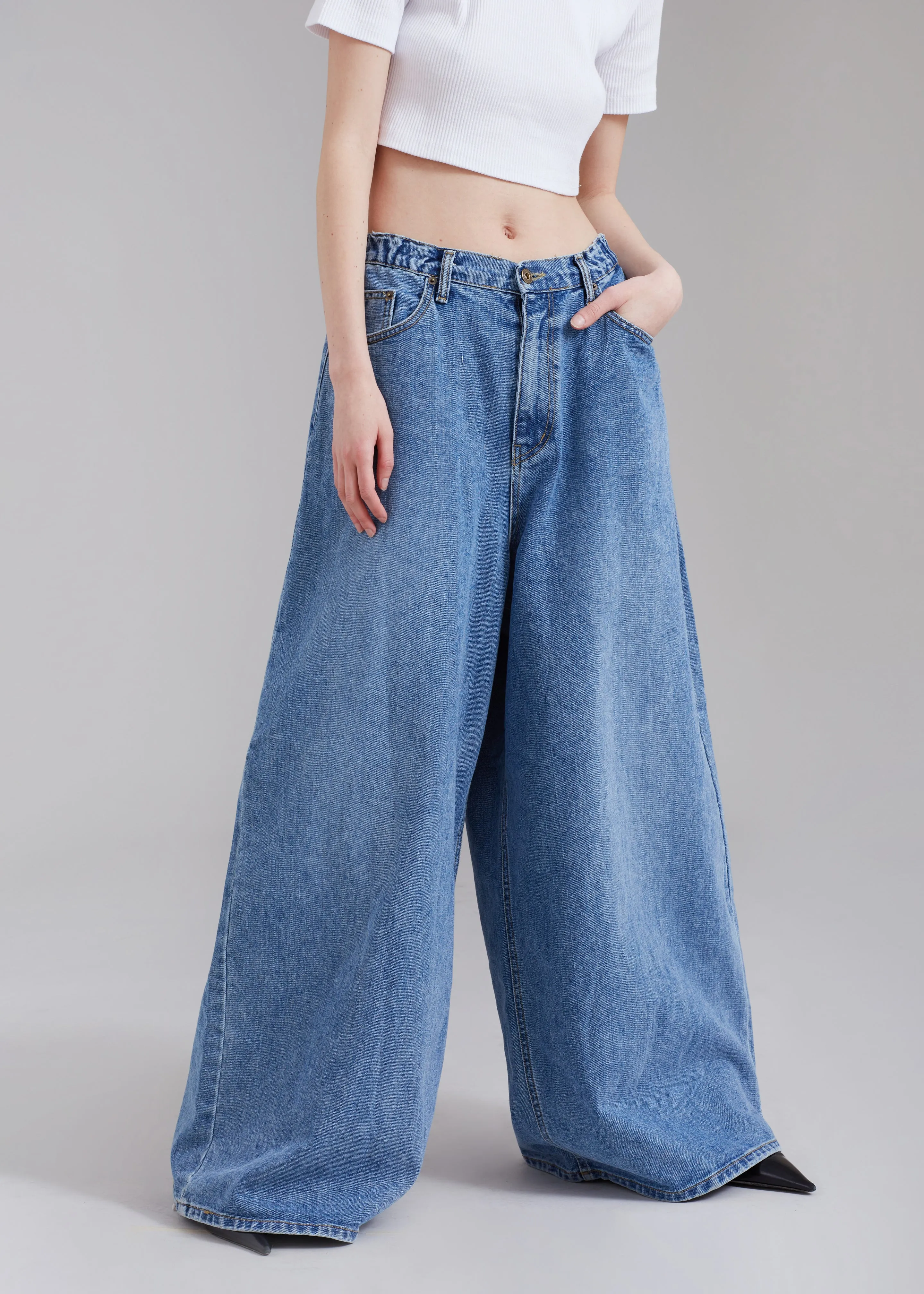 【Anyone more】Fuwa Wash Denim Wide Pants WallFlower Women's Tomboy Relaxed Cargo Denim Mid-Rise Insta