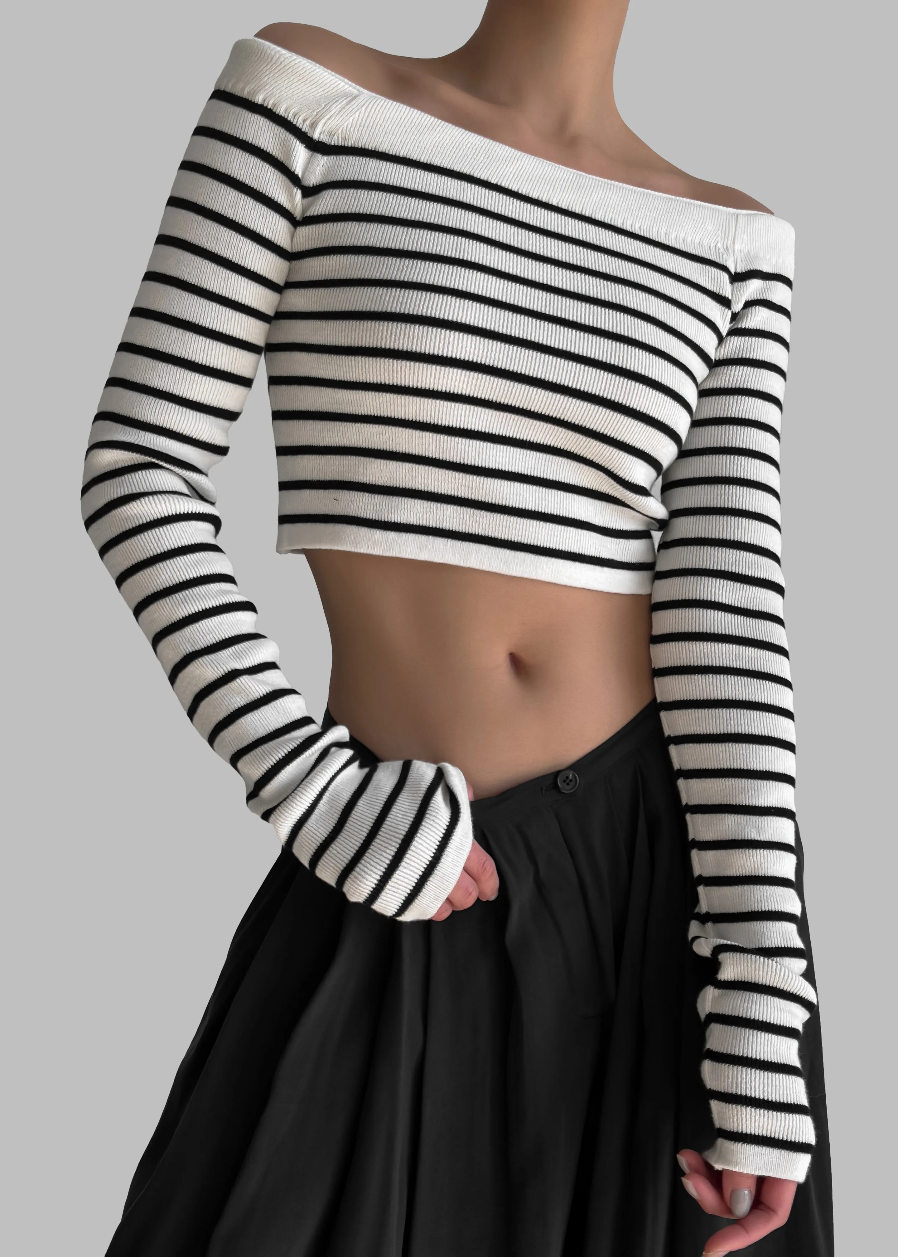 Coco White Off Shoulder Sweater - Black Stripe sold by Frankie Shop