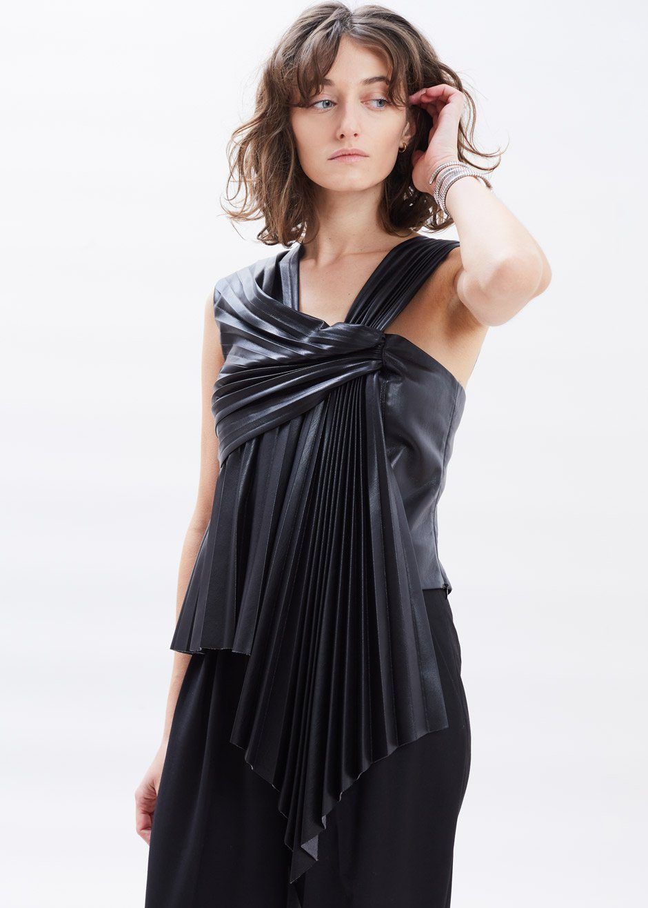 Nanushka Adrie Pleated Vegan Leather Top - Black sold by Frankie Shop