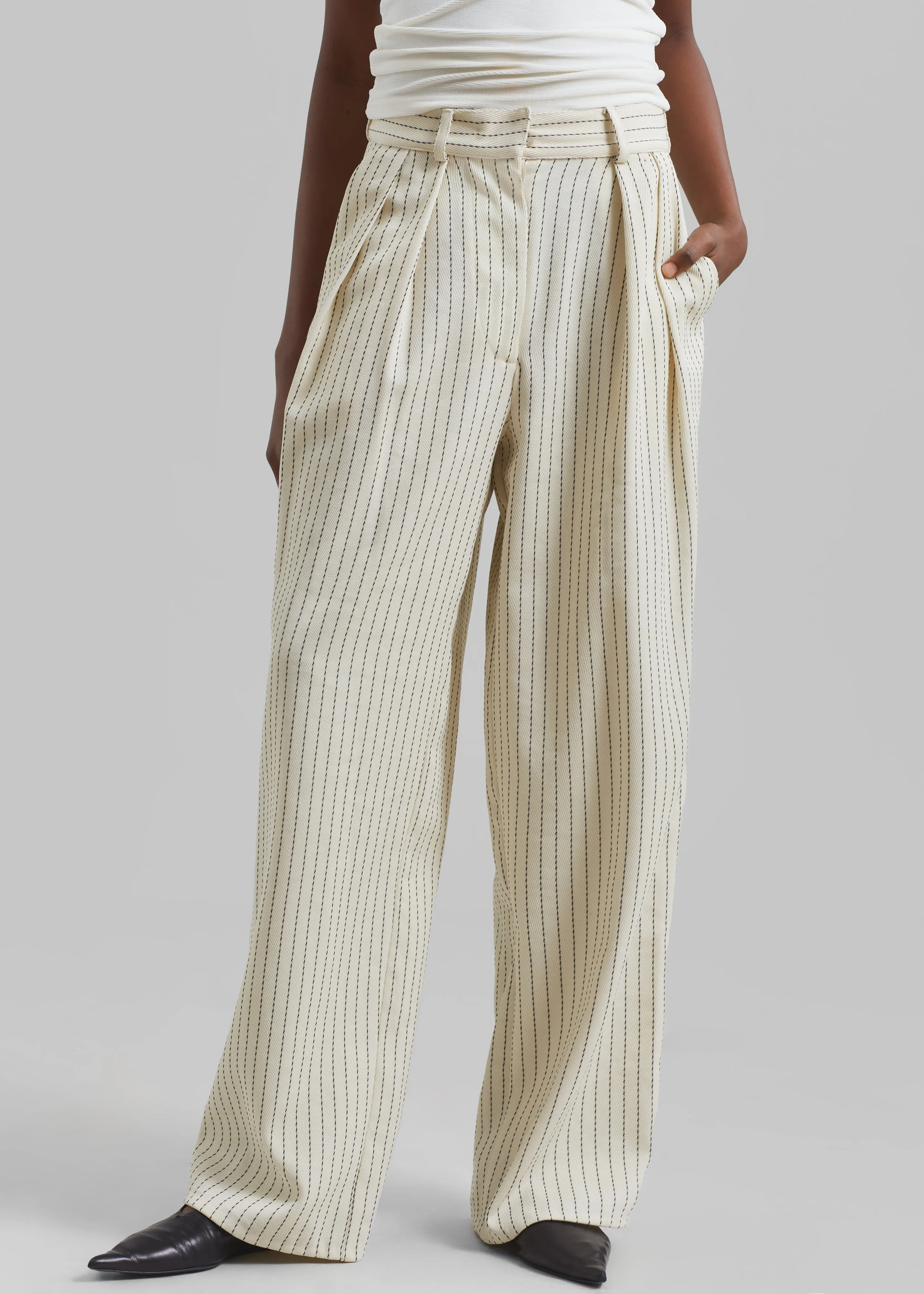 Ripley Pleated Twill Trousers - Light Beige/Black Pinstripe sold by Frankie Shop product image thumbnail 3