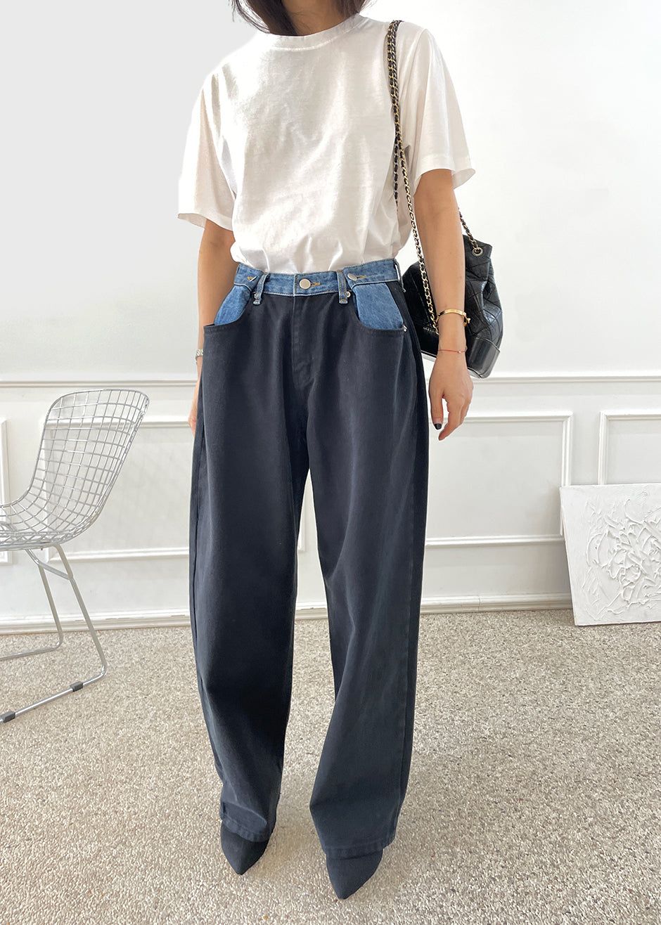 Hayla Contrast Denim Pants - Black sold by Frankie Shop