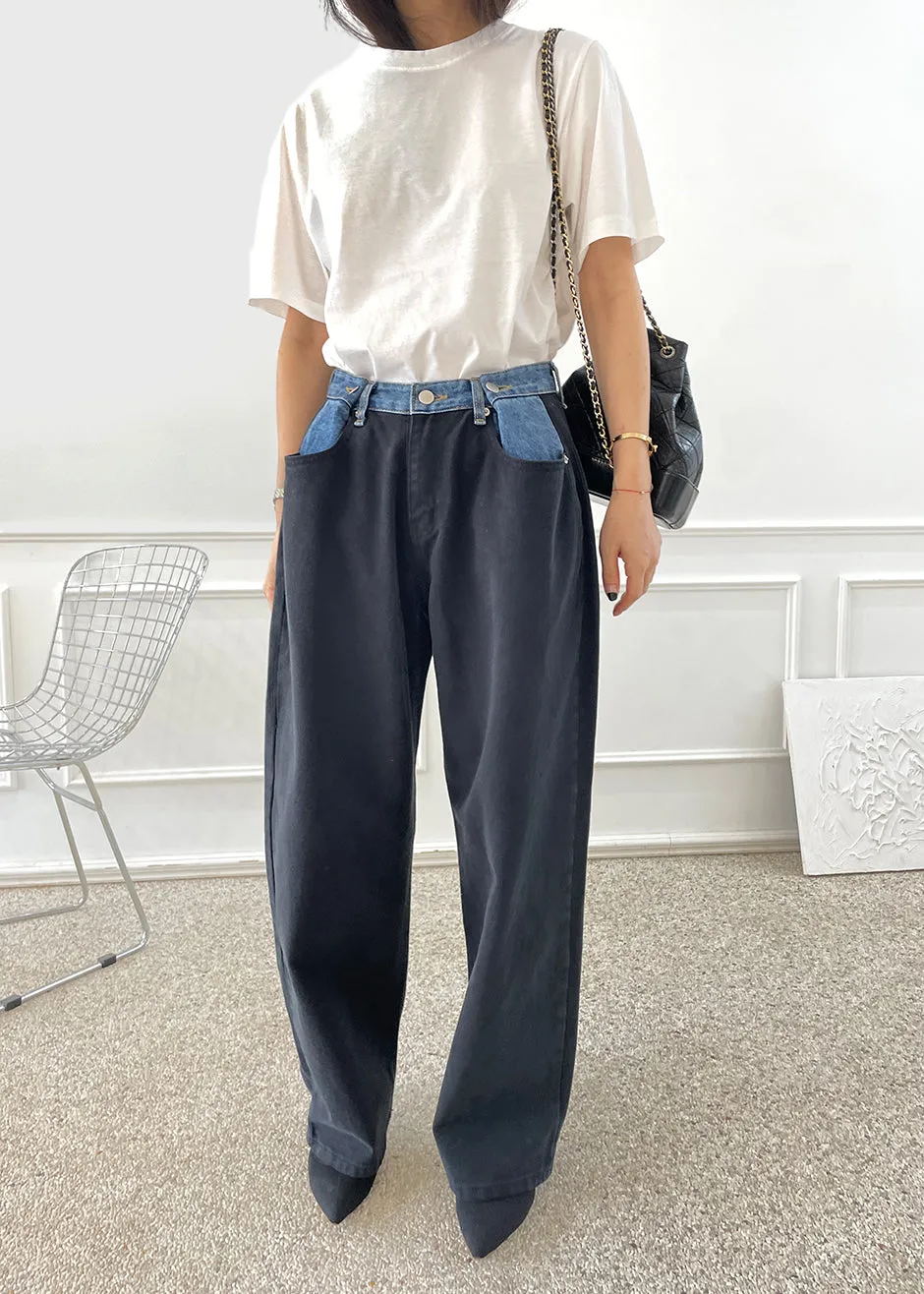 Hayla Contrast Denim Pants - Black/Blue sold by Frankie Shop
