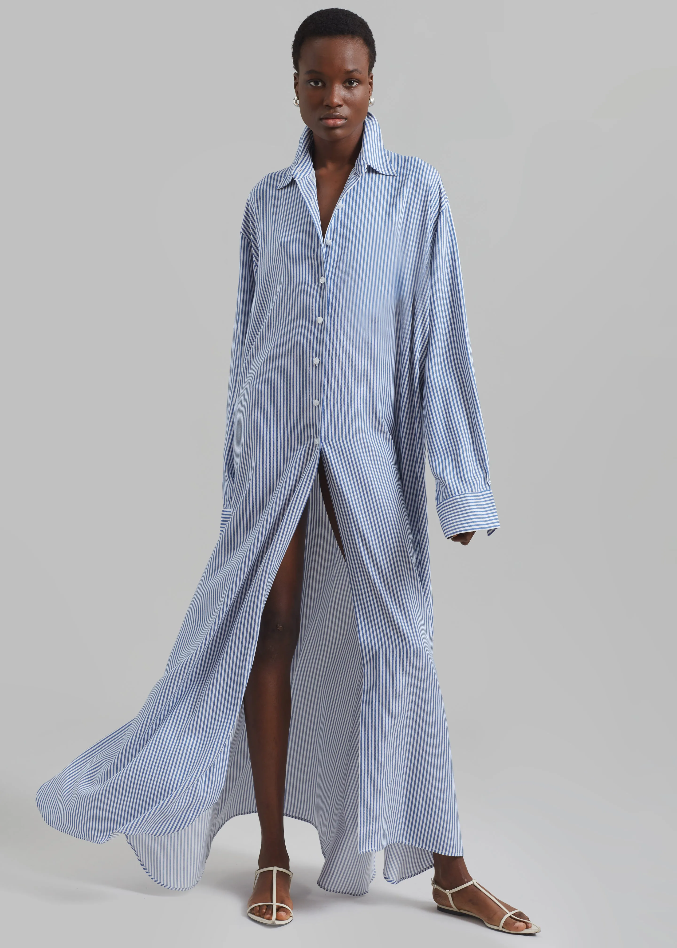 Avery Fluid Shirt Dress - White/Blue Stripe sold by Frankie Shop