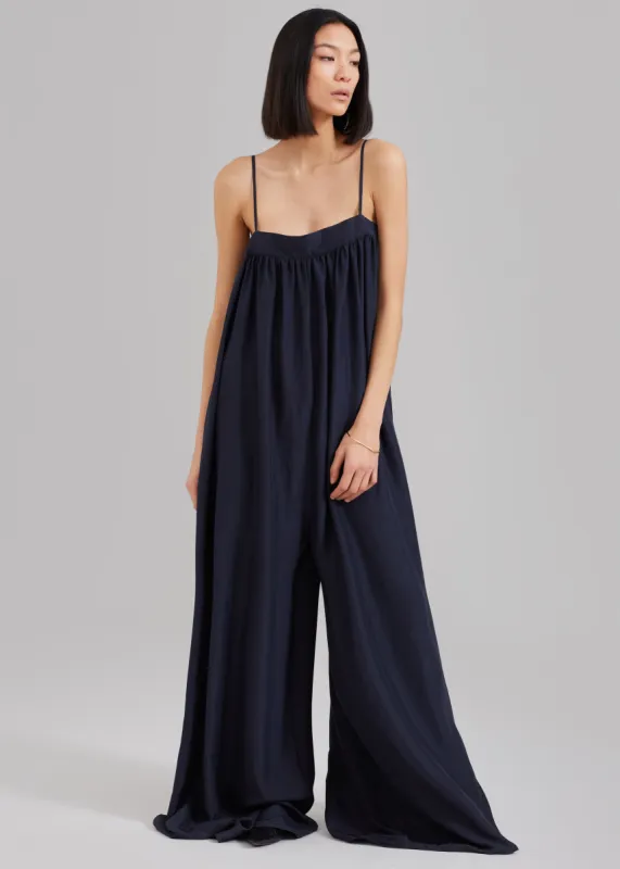 Maude Gathered Silk Jumpsuit - Navy sold by Frankie Shop