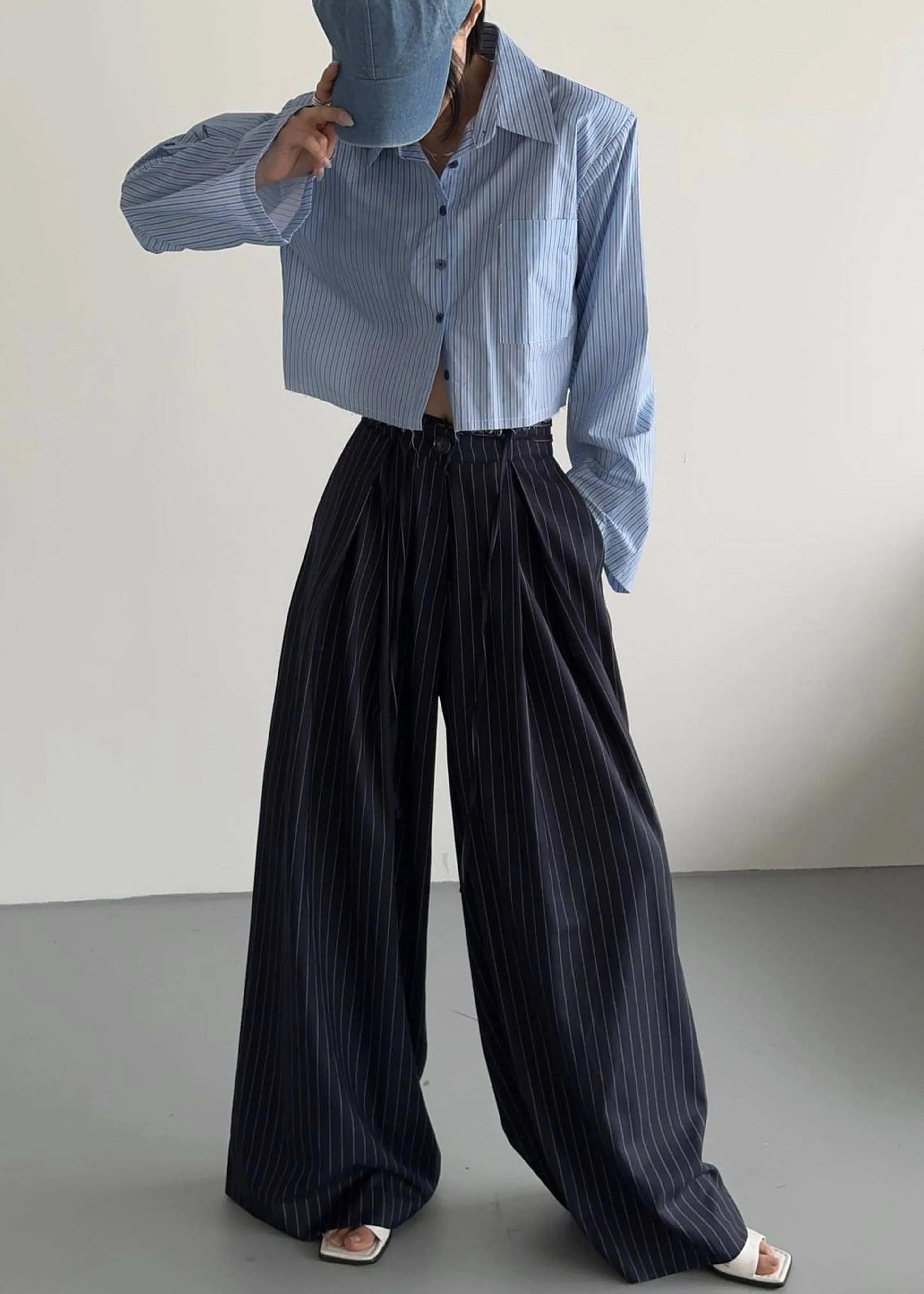 Noor Wide Pants - Navy Pinstripe sold by Frankie Shop