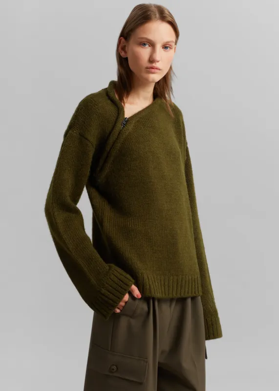 JW Anderson Asymmetrical Zip Neckline Jumper - Olive sold by Frankie Shop