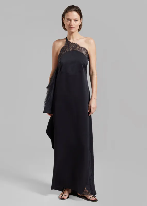 JW Anderson One Shoulder Asymmetric Lace Slip Dress - Black made by Frankie Shop