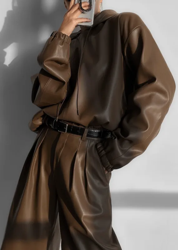 Kerang Faux Leather Hoodie - Brown made by Frankie Shop