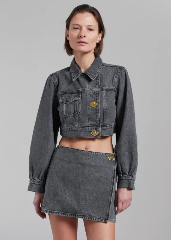 GANNI Black Washed Denim Cropped Trucker Jacket - Sharkskin sold by Frankie Shop