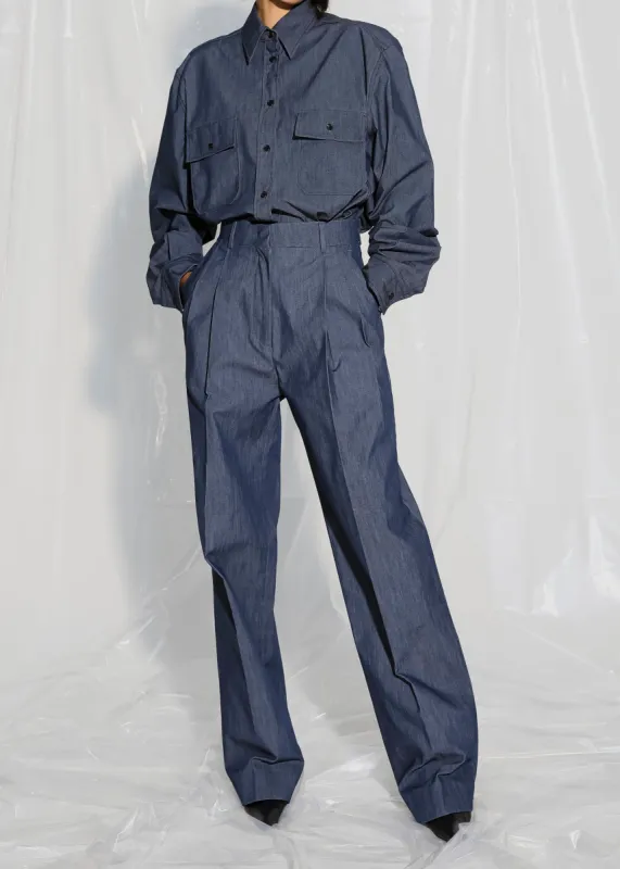 Cidra Pintuck Denim-Effect Pants - Dark Indigo made by Frankie Shop