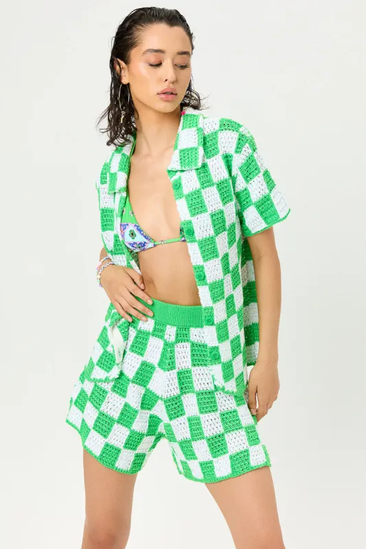 Coco Crochet Button Up Shirt - Jade Checker sold by Frankie's Bikinis