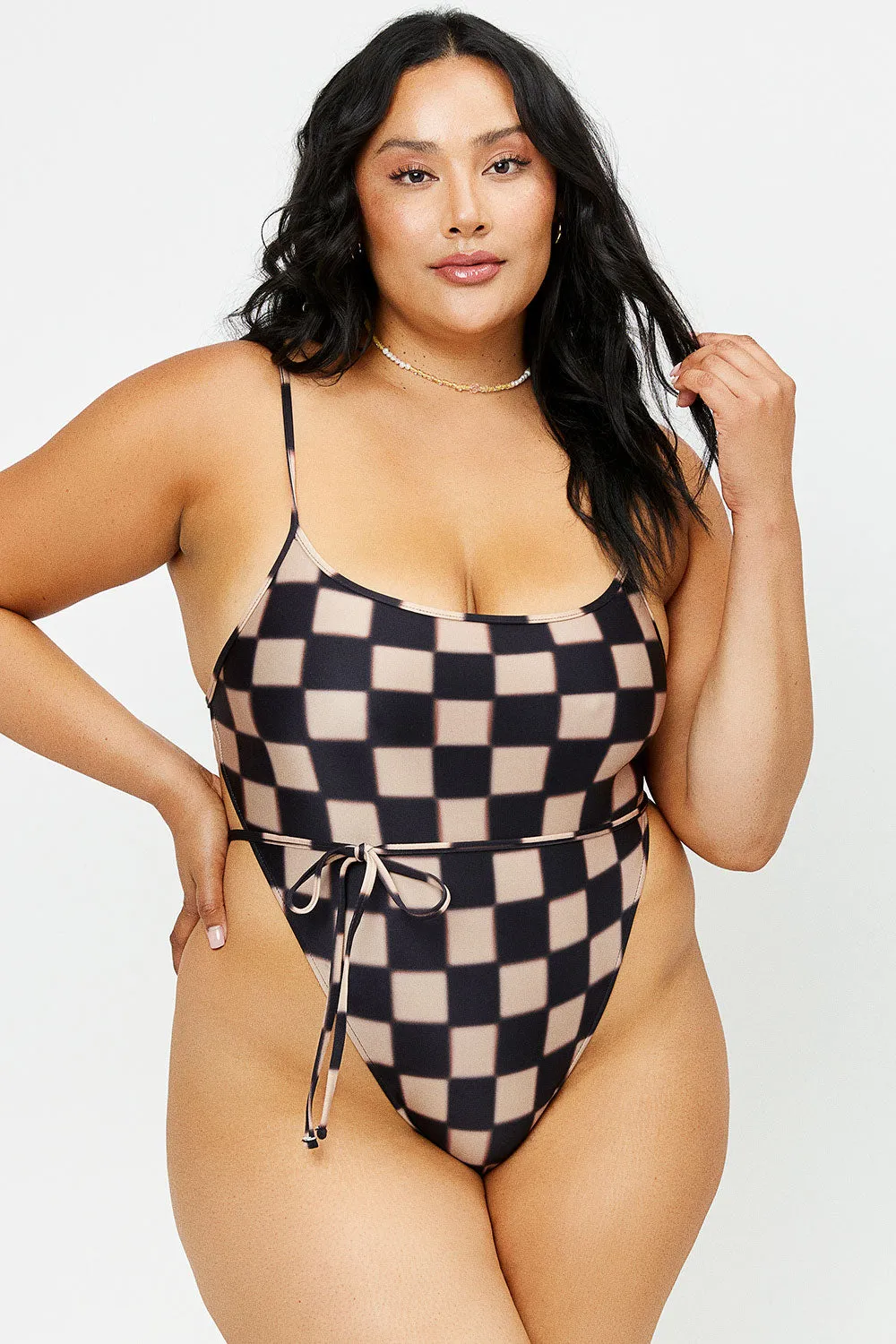 Croft Satin Cheeky One Piece Swimsuit - Black Checker sold by Frankie's Bikinis product image thumbnail 2