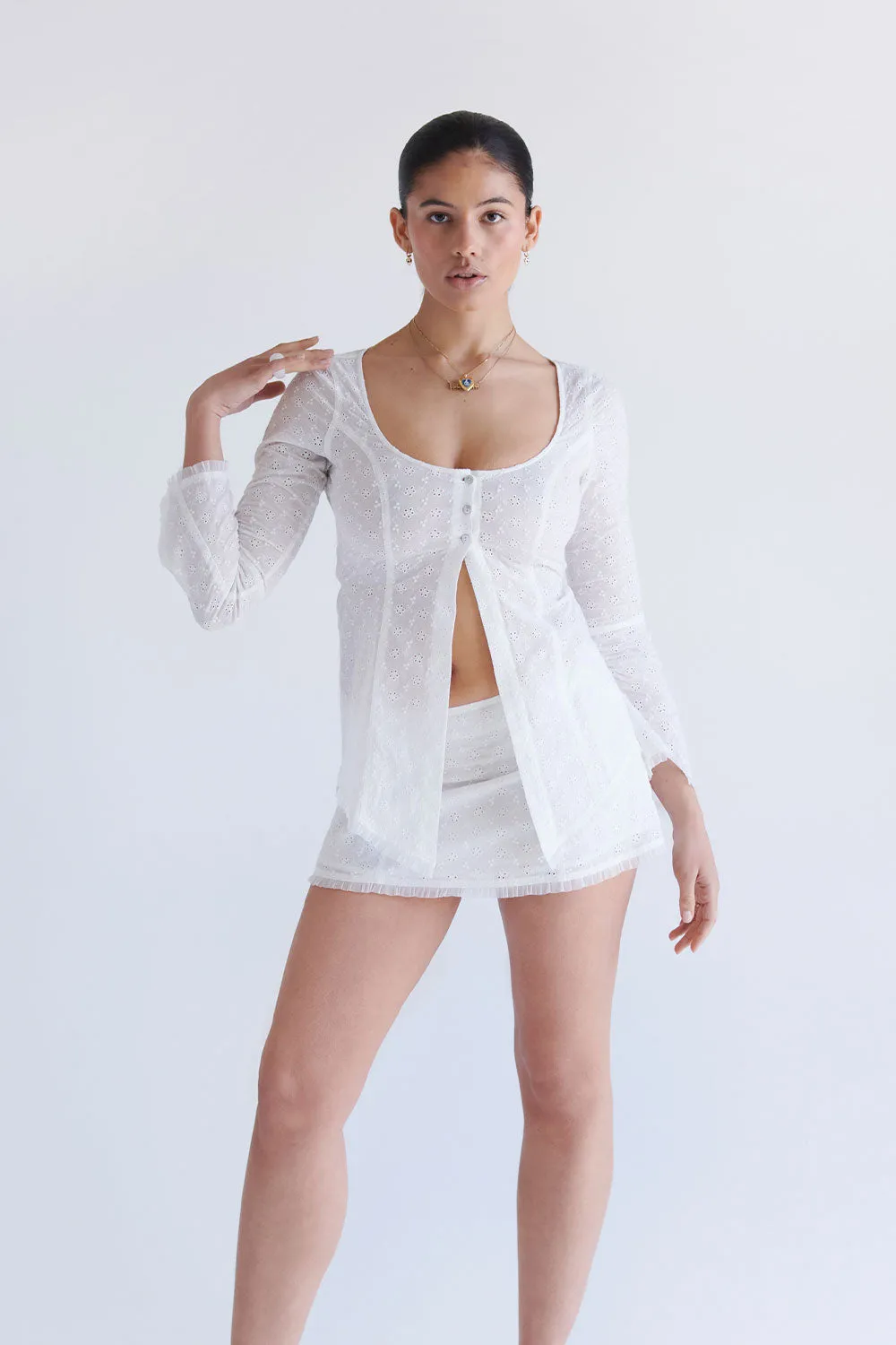 x SYDNEY SWEENEY Bardot Eyelet Mini Skirt - White sold by Frankie's Bikinis product image thumbnail 4