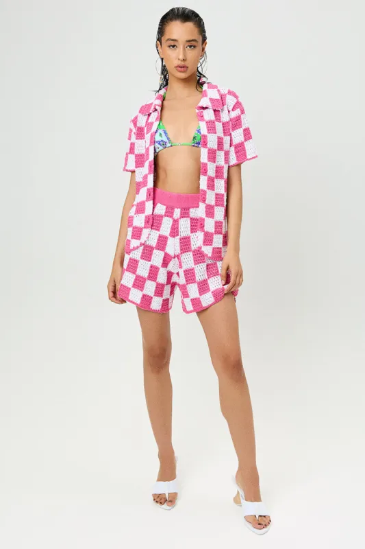 Coco Crochet Button Up Shirt - Pink Checker sold by Frankie's Bikinis