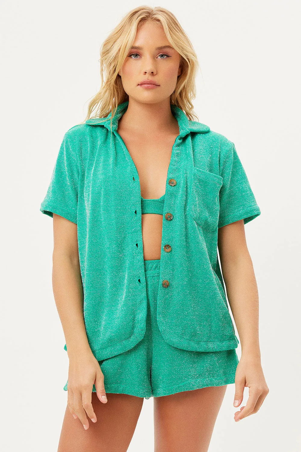 Coco Sparkle Terry Button Up Shirt - Mistletoe Green sold by Frankie's Bikinis product image thumbnail 2