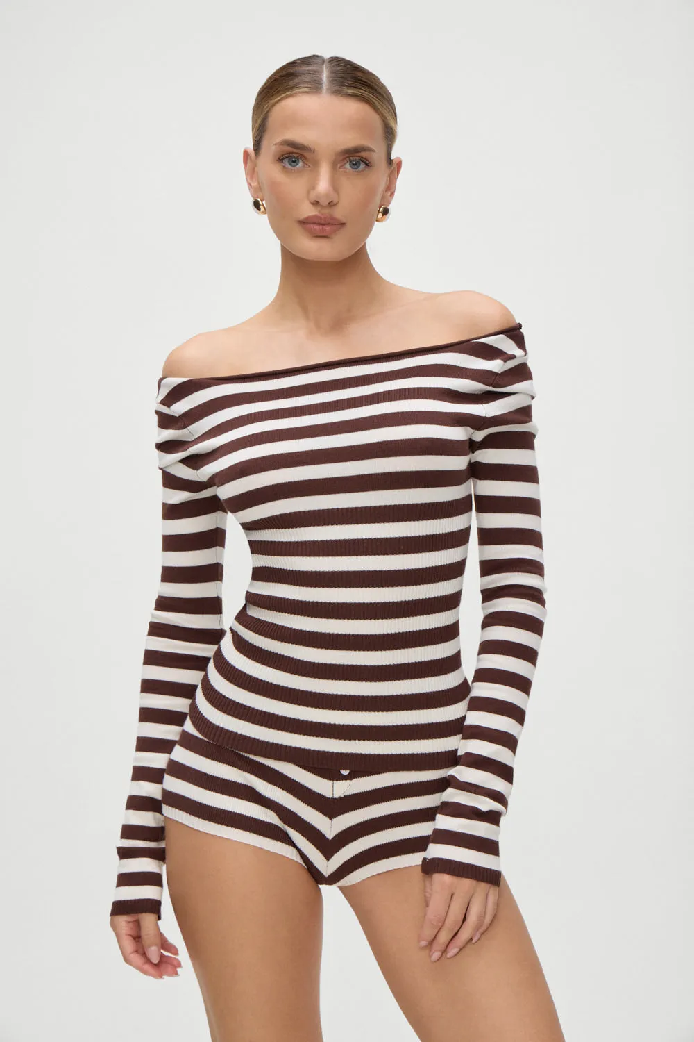 Theo Striped Knit Sweater - Brown Sugar Stripe sold by Frankie's Bikinis product image thumbnail 2