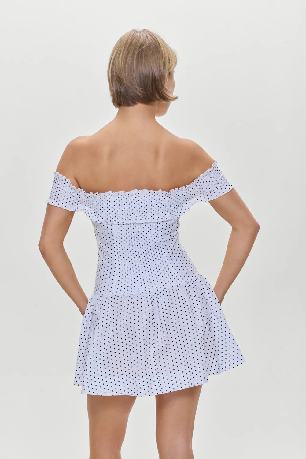 Mae Off Shoulder Mini Dress - White Polka Dot sold by Frankie's Bikinis product image thumbnail 5