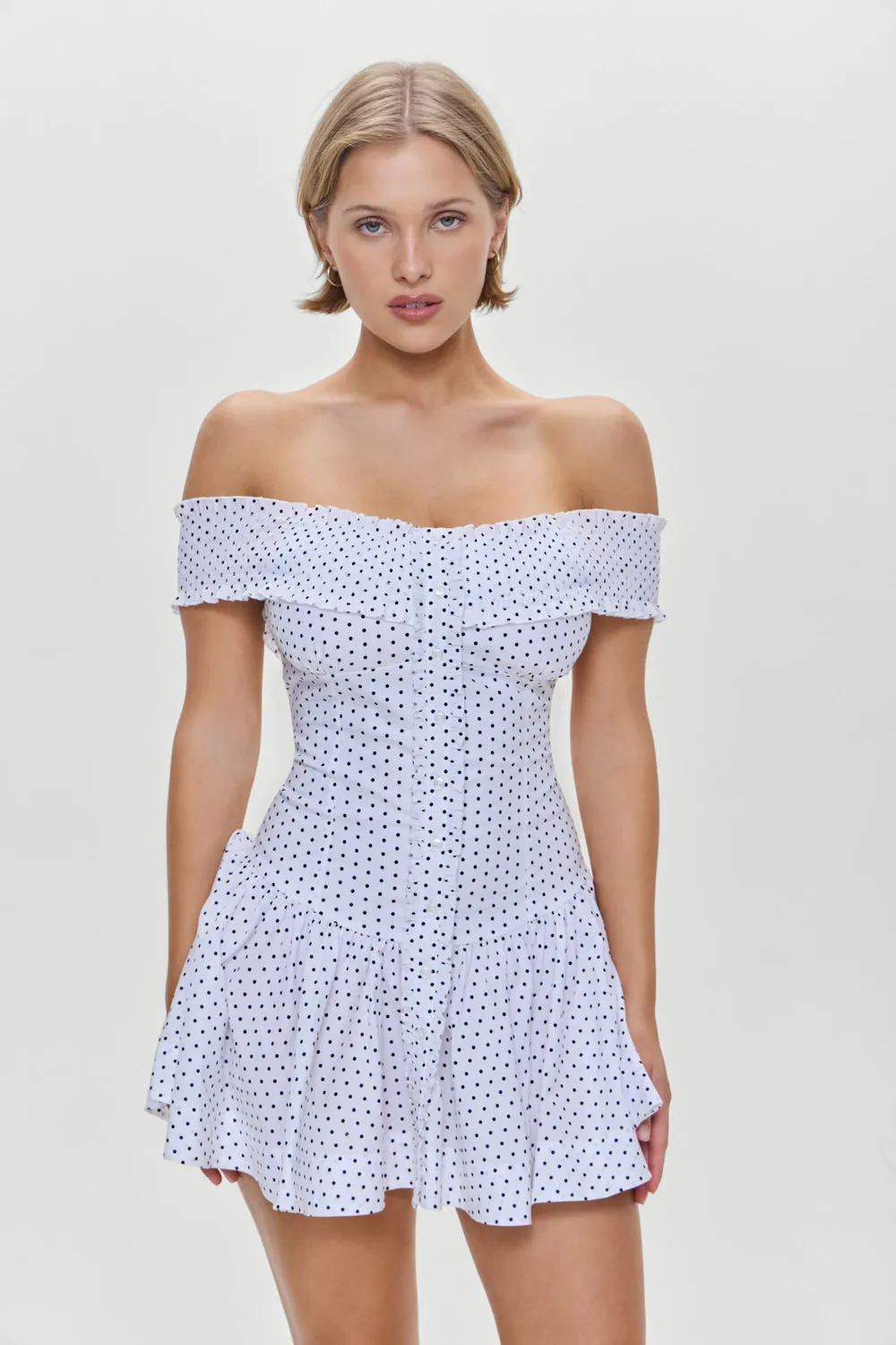 Mae Off Shoulder Mini Dress - White Polka Dot sold by Frankie's Bikinis product image thumbnail 2