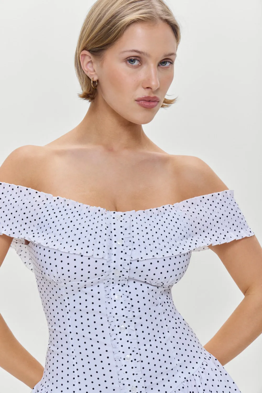 Mae Off Shoulder Mini Dress - White Polka Dot sold by Frankie's Bikinis product image thumbnail 4