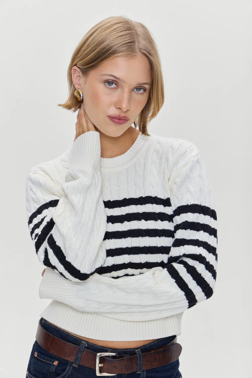 Varsity Striped Cable Knit Sweater - Ivory sold by Frankie's Bikinis product image thumbnail 3