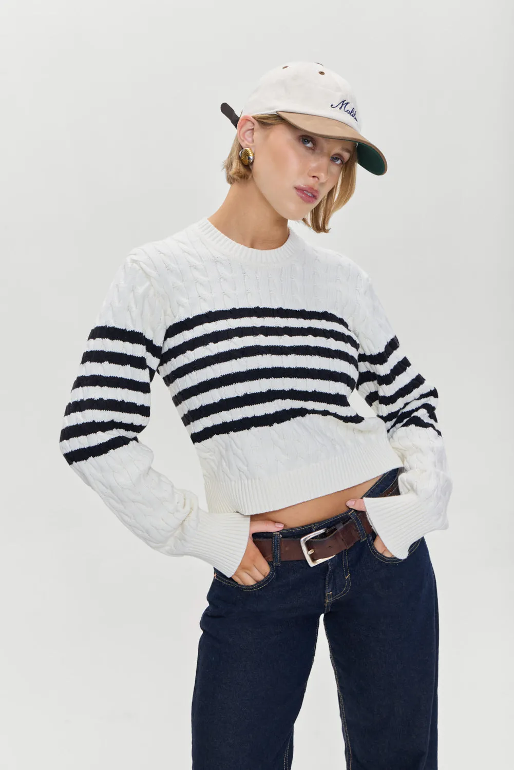 Varsity Striped Cable Knit Sweater - Ivory sold by Frankie's Bikinis product image thumbnail 5