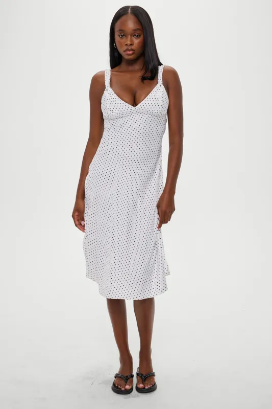 Aurora Satin Midi Dress - White Polka Dot sold by Frankie's Bikinis