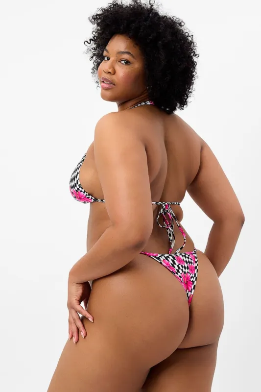 Harmony Shine Thong Bikini Bottom - Black Morrison Hibiscus - Extended sold by Frankie's Bikinis