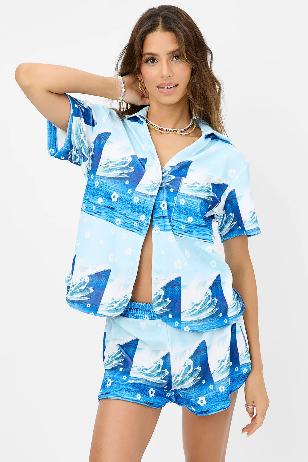 Coco Terry Button Up Shirt - Blue Tides sold by Frankie's Bikinis