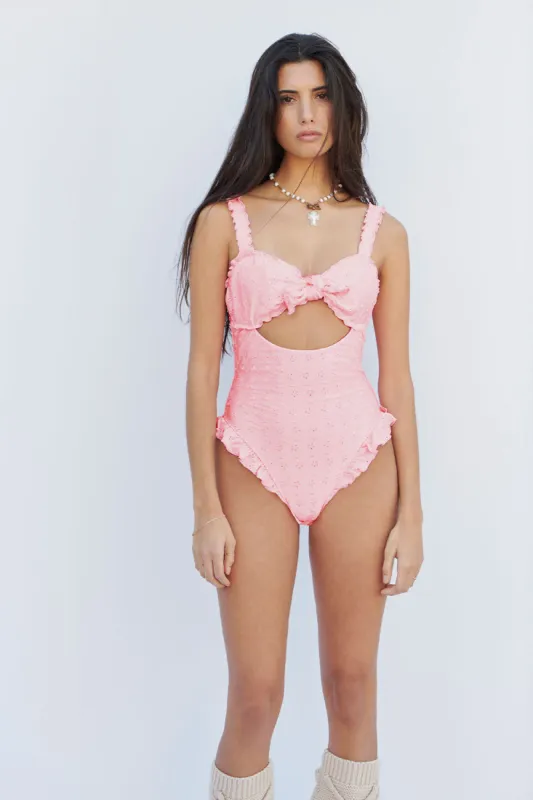 Lucia Eyelet Shine One Piece Swimsuit - Cherry Blossom sold by Frankie's Bikinis