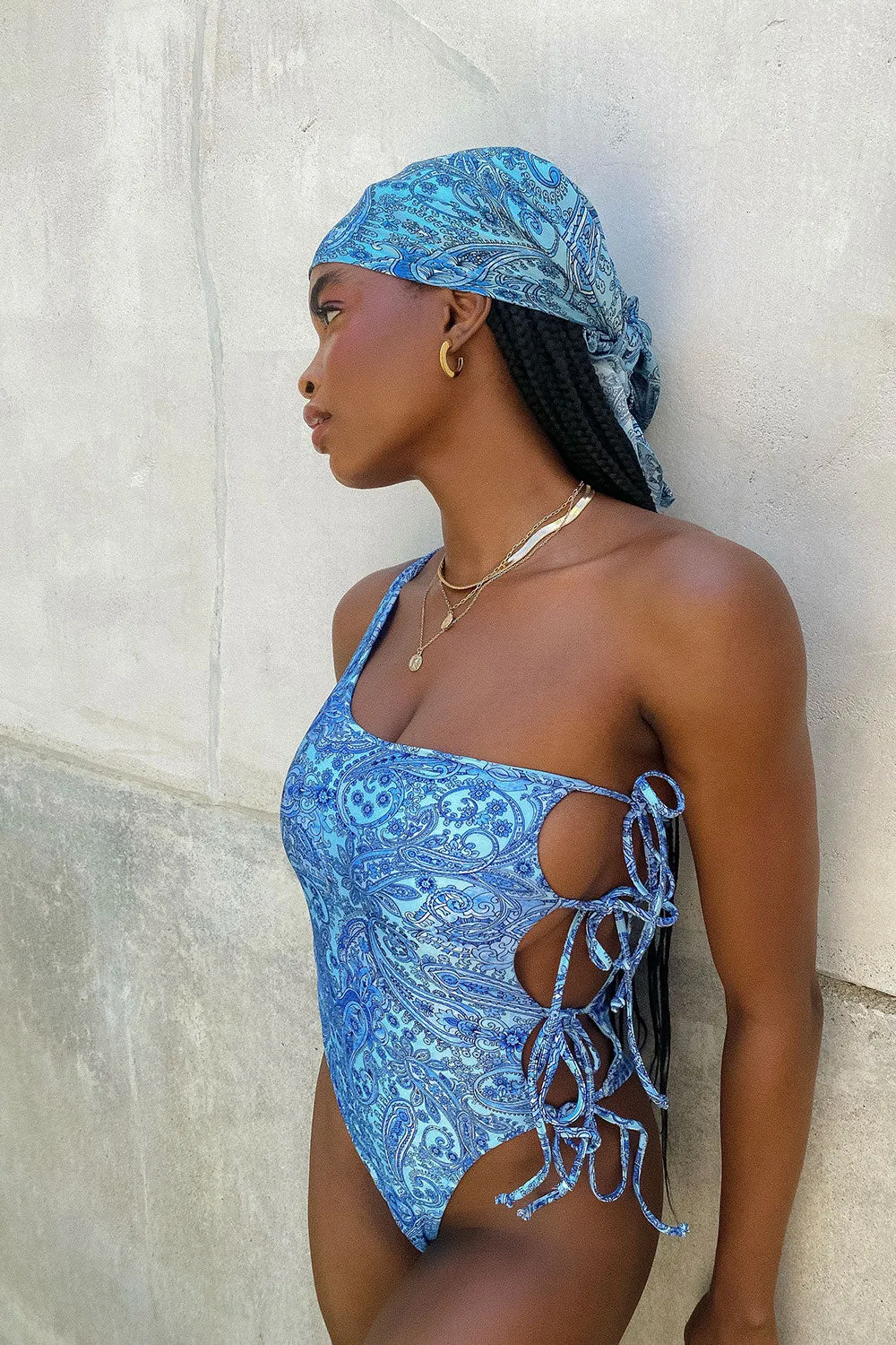 Honey One Shoulder Cheeky One Piece Swimsuit - Blue Paisley sold by Frankie's Bikinis