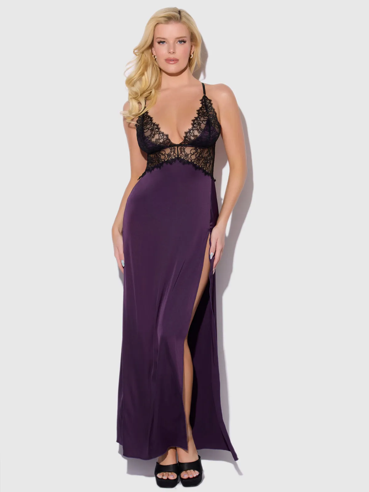 Rosalind Satin & Lace Long High Slit Gown sold by Frederick's of Hollywood product image thumbnail 2
