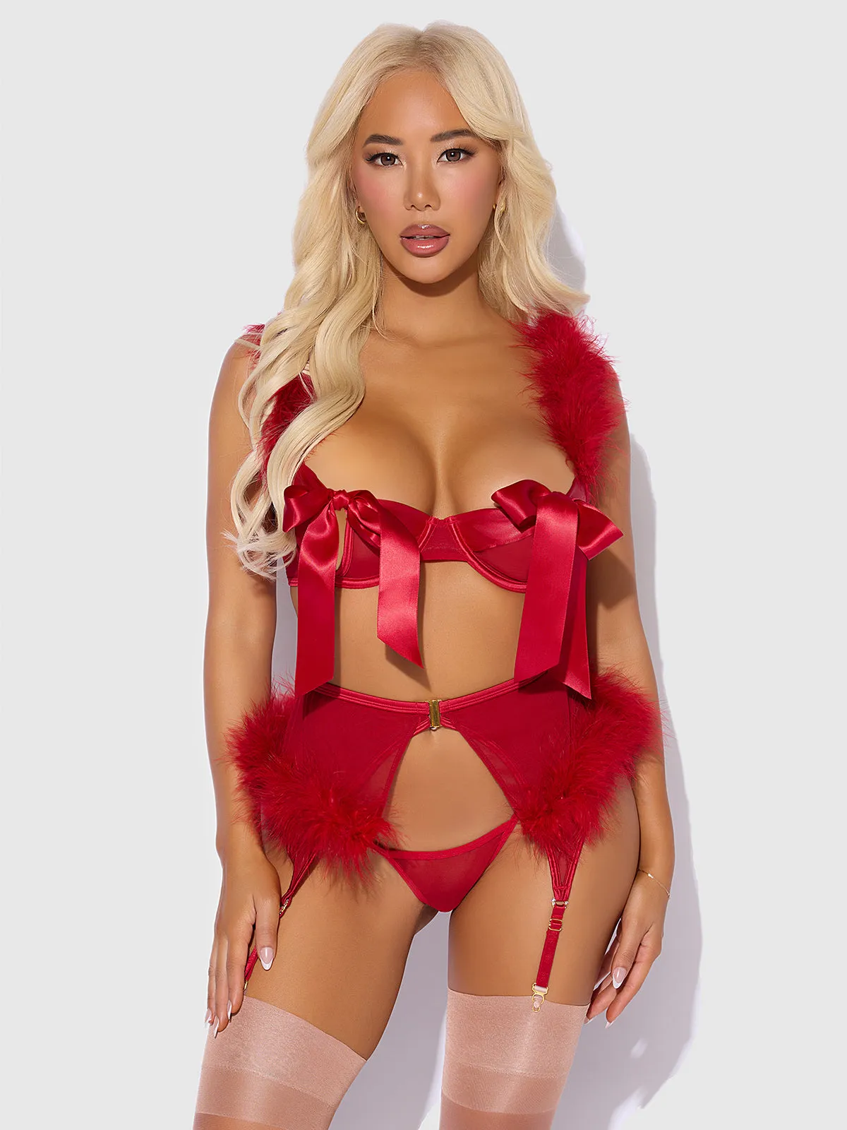 Scarlett Open Cup Marabou Bra, Garter & G-String Set sold by Frederick's of Hollywood