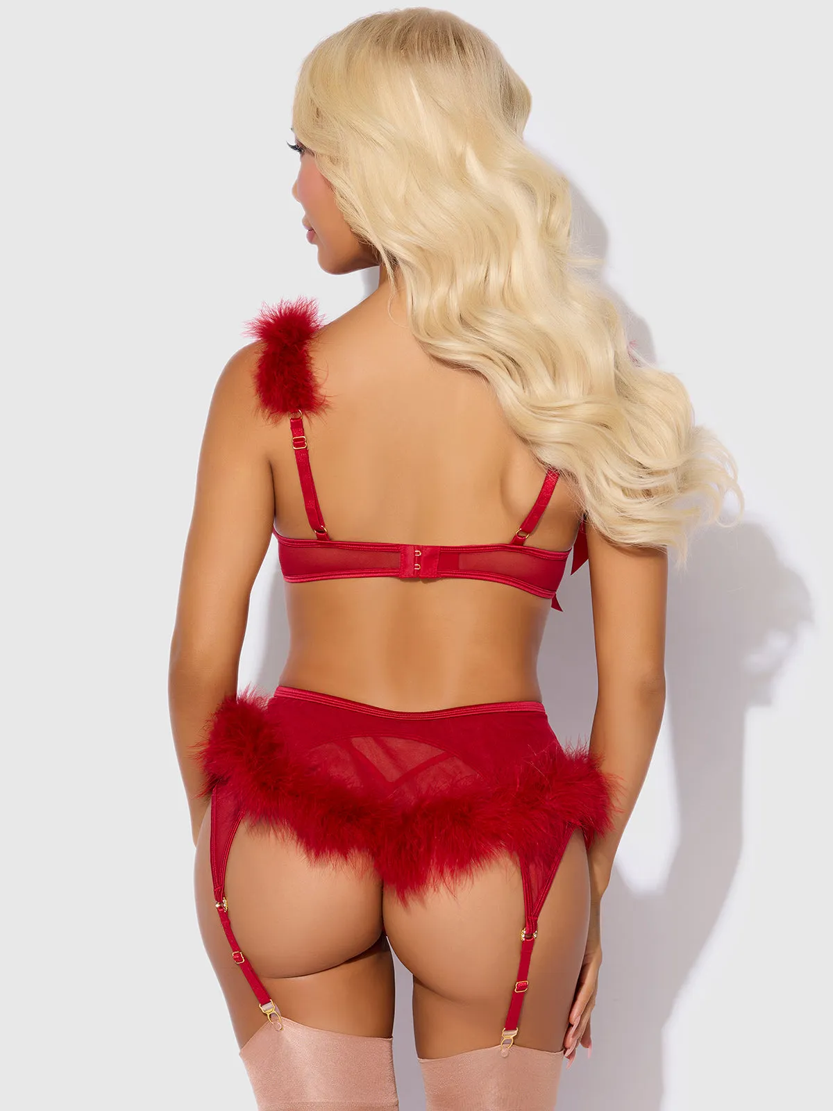 Scarlett Open Cup Marabou Bra, Garter & G-String Set sold by Frederick's of Hollywood product image thumbnail 2