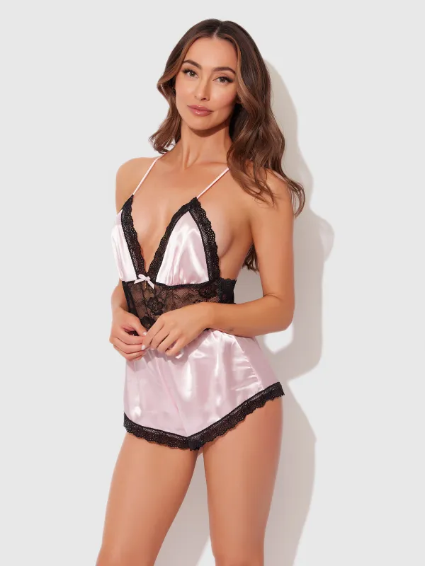 Elisa Satin & Lace Racerback Sleep Romper sold by Frederick's of Hollywood