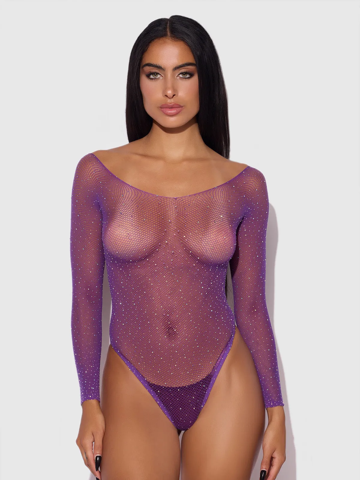 Fine Fishnet & Rhinestone Long Sleeve Teddy Bodystocking sold by Frederick's of Hollywood