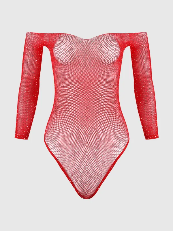Fine Fishnet & Rhinestone Long Sleeve Teddy Bodystocking sold by Frederick's of Hollywood