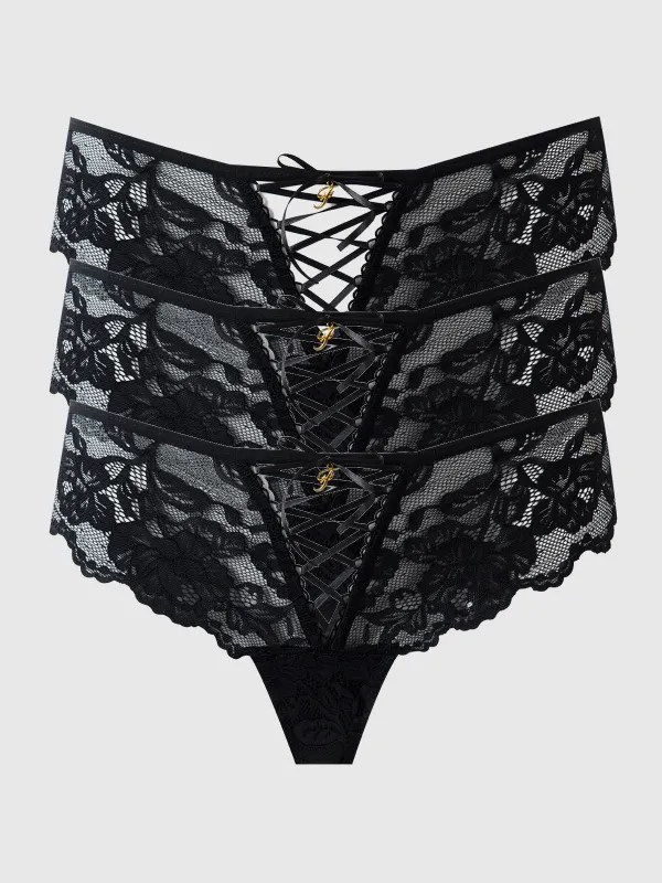 Mabel Lace Up Front Tanga 3 Pack made by Frederick's of Hollywood