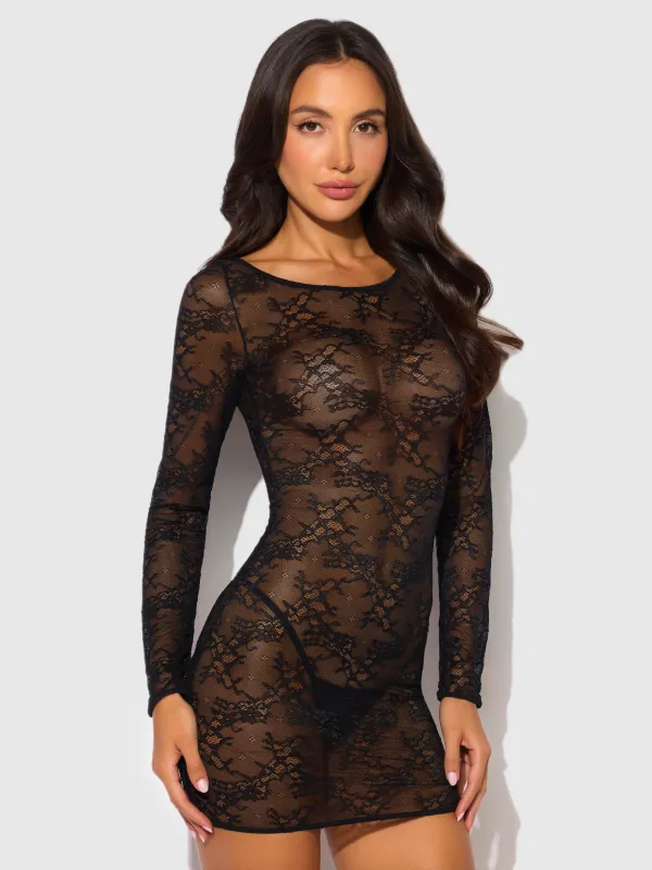 Pia Lace Long Sleeve Chemise Dress & G-String made by Frederick's of Hollywood