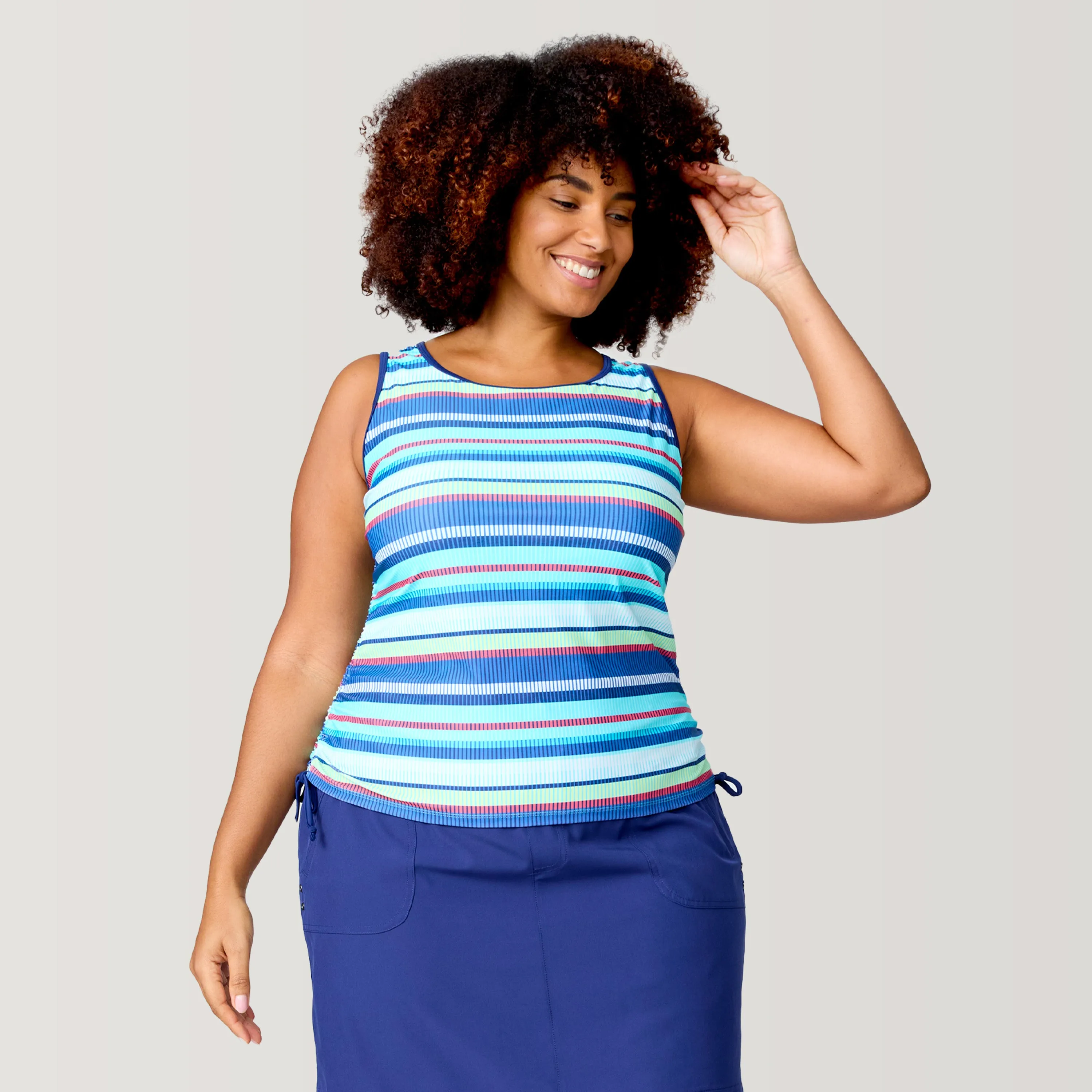Women's Plus Size Marina Stripe Full Side Shirring Tankini Top sold by Free Country