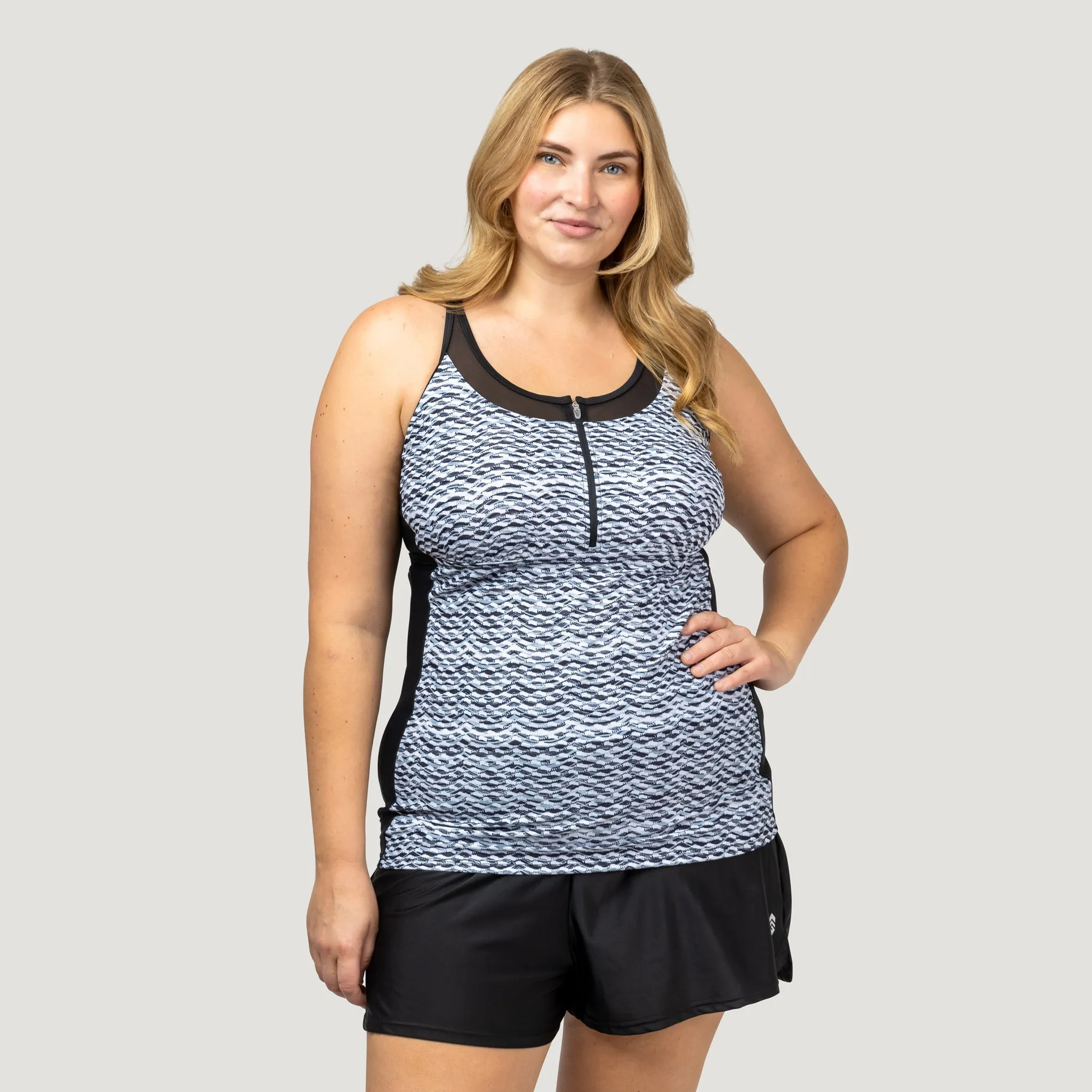 Women's Plus Size Crochet Wave Mesh Zip-Up Tankini Top sold by Free Country