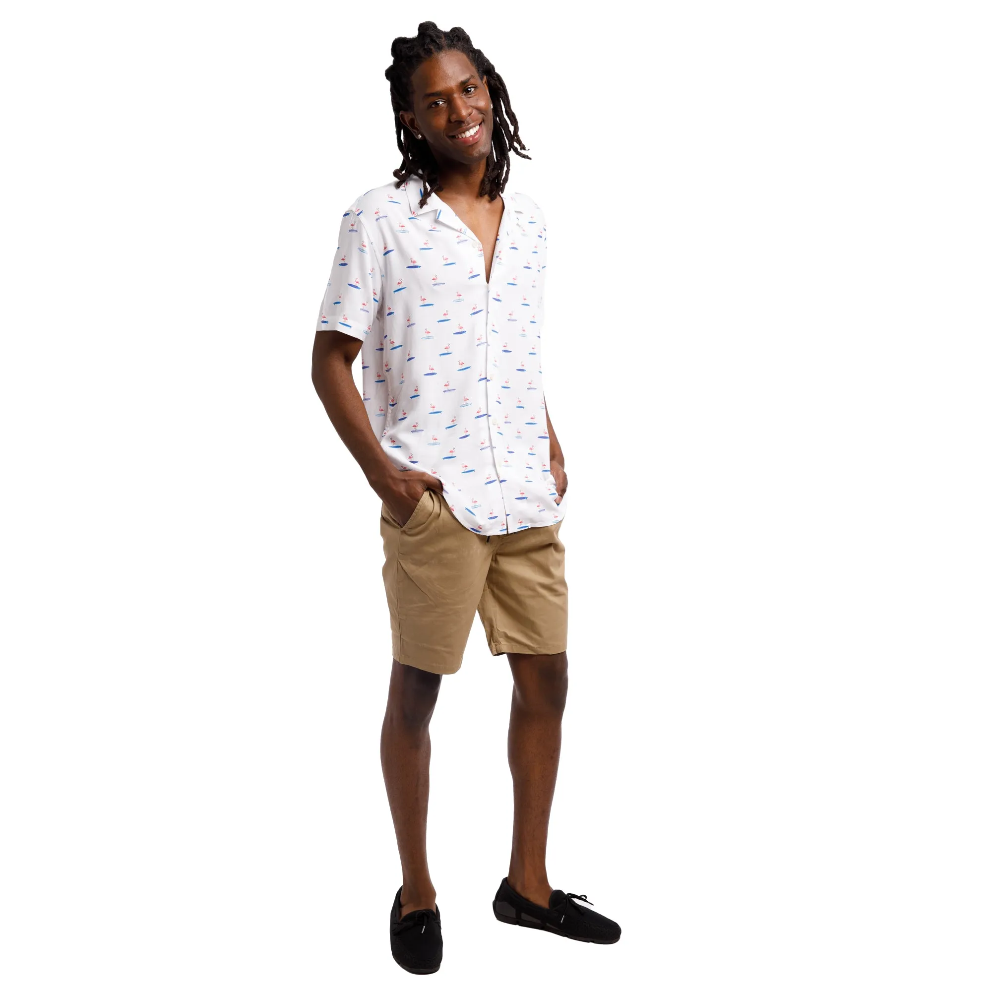 Super Soft Relaxed Printed Short Sleeve Button Up Shirt | Surfing Flamingos sold by Free Planet product image thumbnail 2
