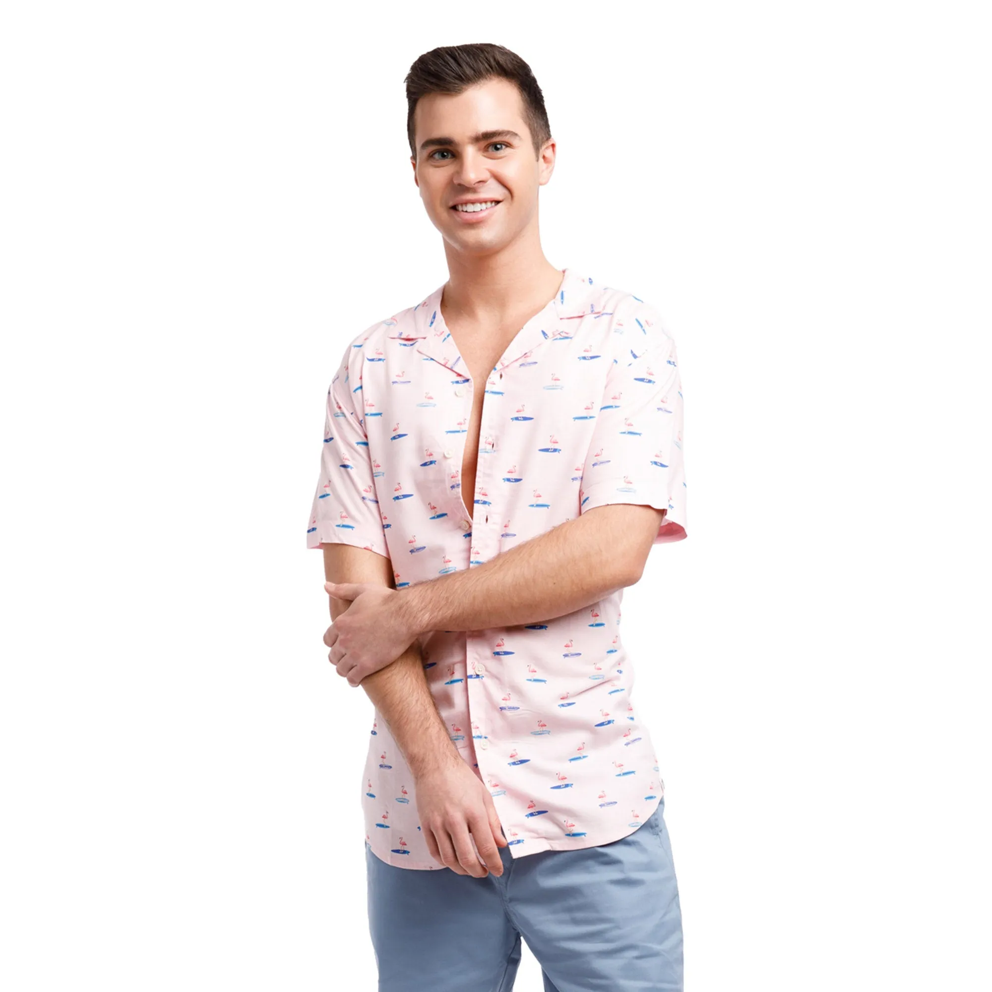 Super Soft Relaxed Printed Short Sleeve Button Up Shirt | Surfing Flamingos sold by Free Planet product image thumbnail 5