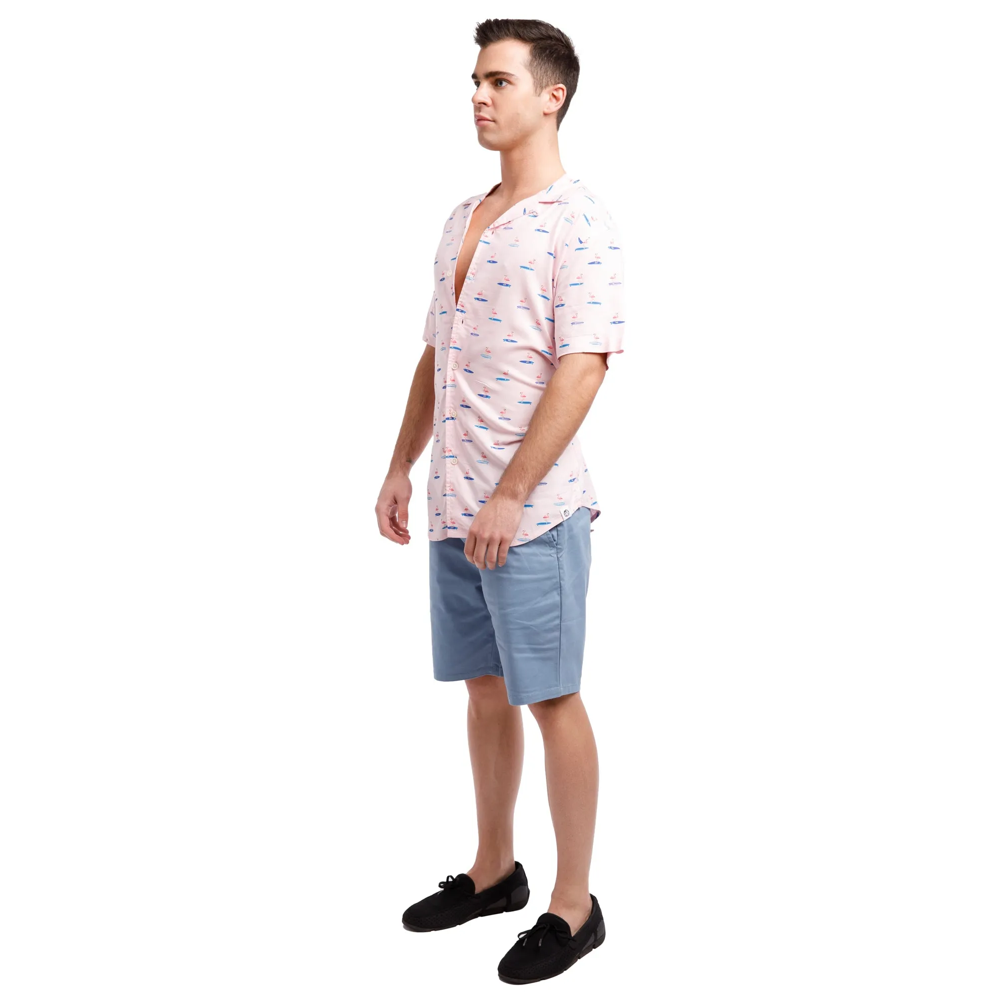Super Soft Relaxed Printed Short Sleeve Button Up Shirt | Surfing Flamingos sold by Free Planet product image thumbnail 4