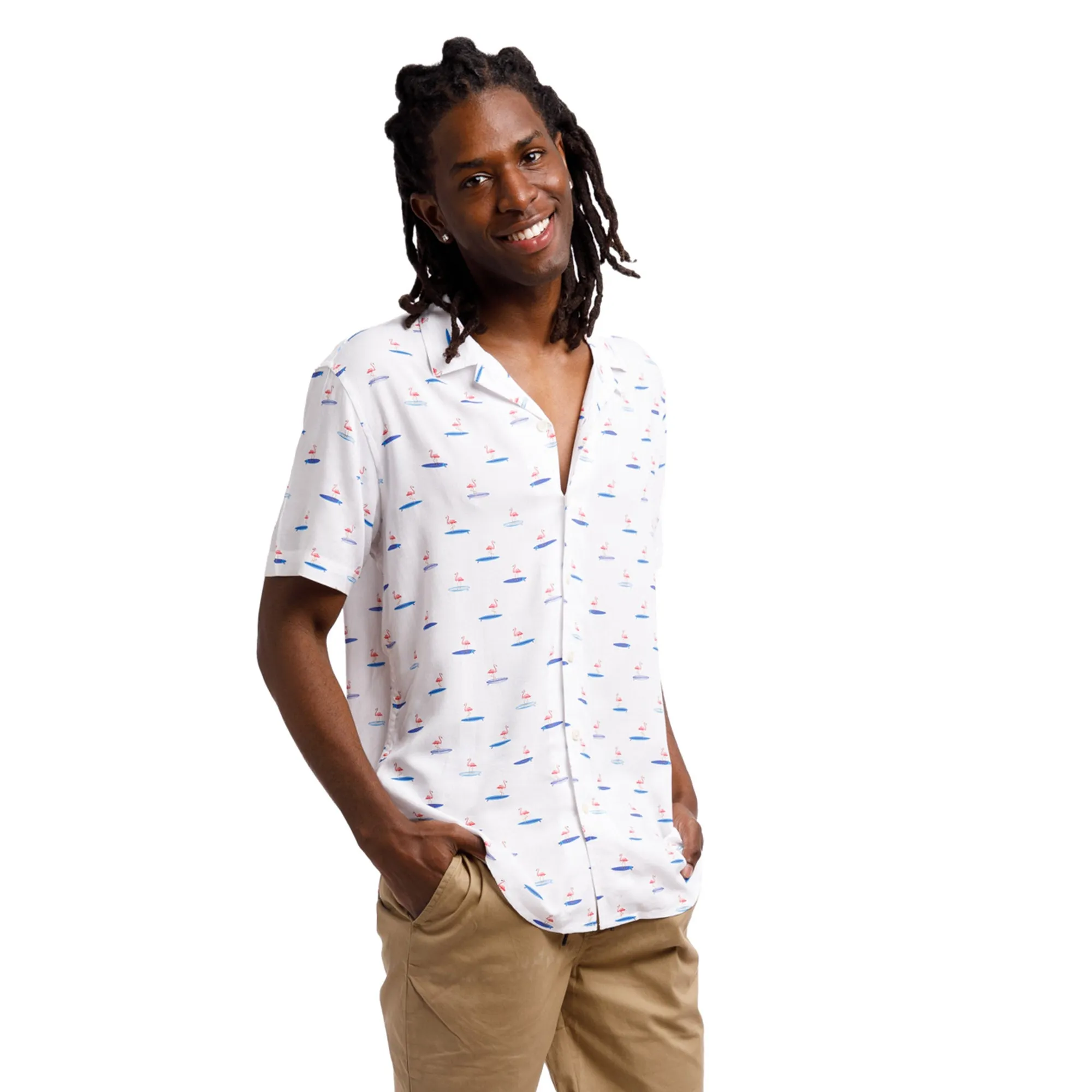 Super Soft Relaxed Printed Short Sleeve Button Up Shirt | Surfing Flamingos sold by Free Planet