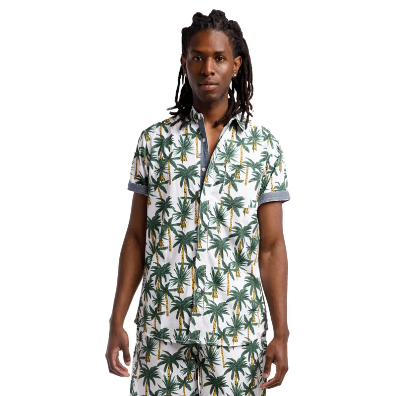 Printed Poplin Short Sleeve Button Up Shirt | Tropical Palms sold by Free Planet