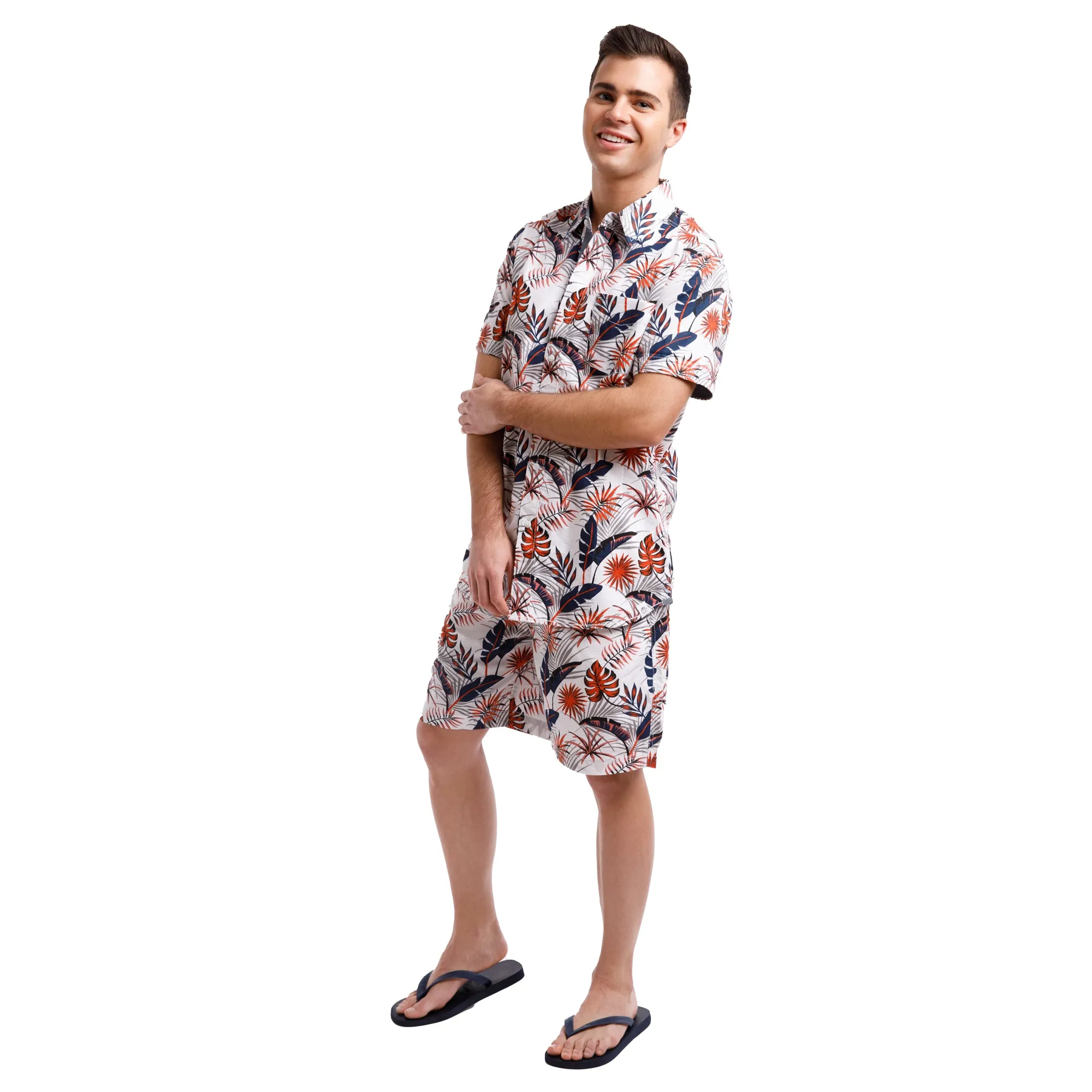 Printed Poplin Short Sleeve Button Up Shirt | Orange Tropical Leaves sold by Free Planet product image thumbnail 2