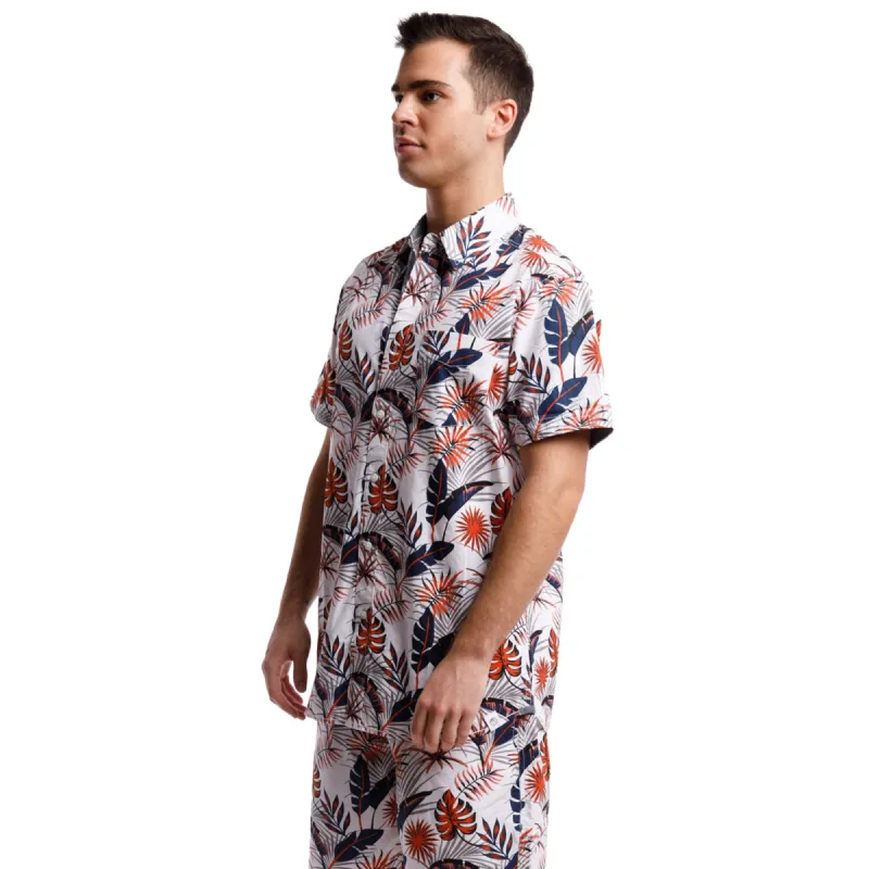 Printed Poplin Short Sleeve Button Up Shirt | Orange Tropical Leaves sold by Free Planet
